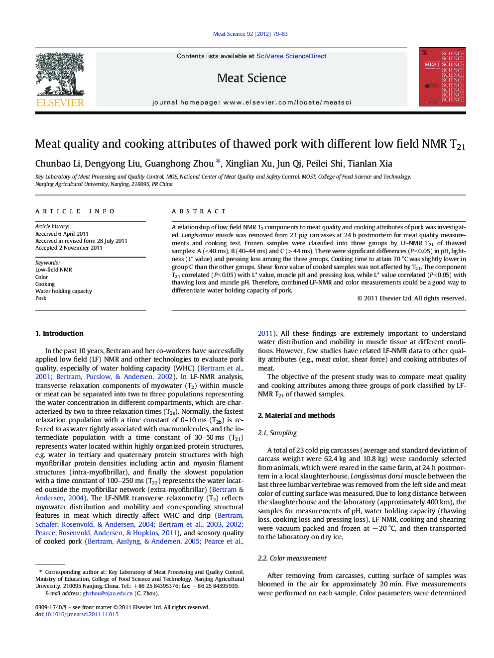 Meat quality and cooking attributes of thawed pork with different low field NMR T21