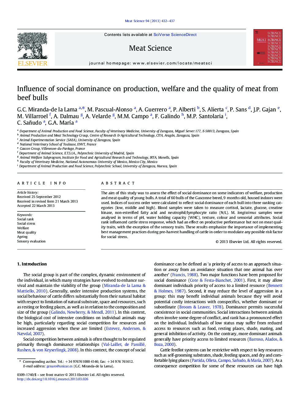 Influence of social dominance on production, welfare and the quality of meat from beef bulls