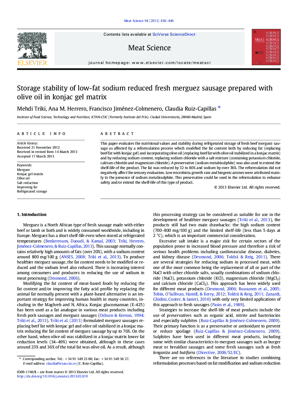 Storage stability of low-fat sodium reduced fresh merguez sausage prepared with olive oil in konjac gel matrix