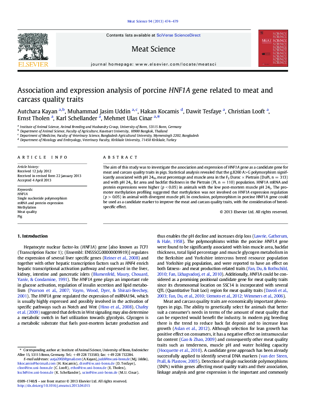 Association and expression analysis of porcine HNF1A gene related to meat and carcass quality traits