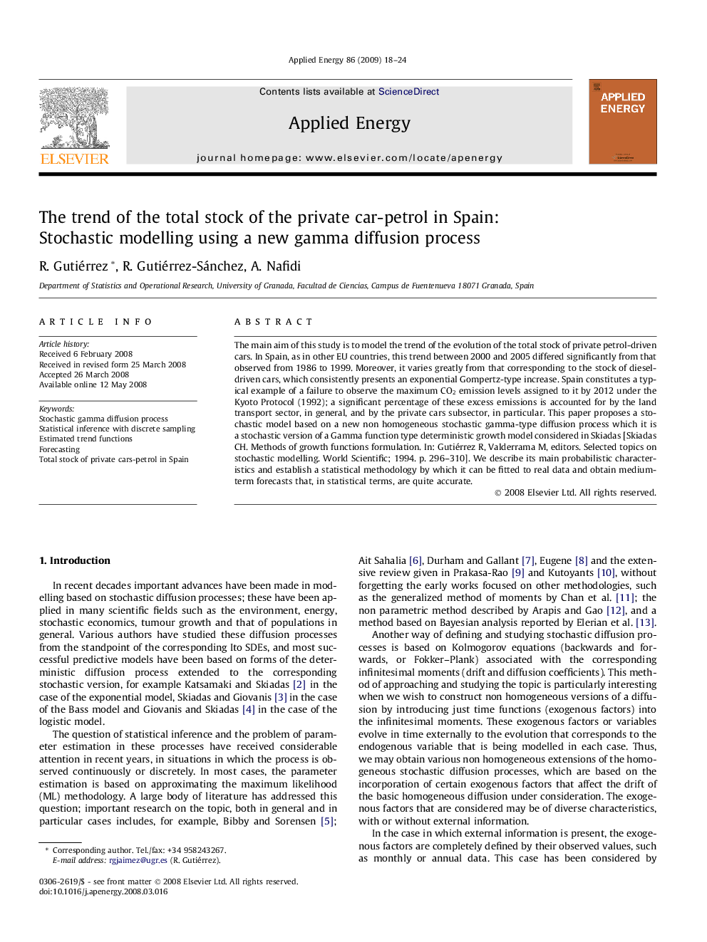 The trend of the total stock of the private car-petrol in Spain: Stochastic modelling using a new gamma diffusion process