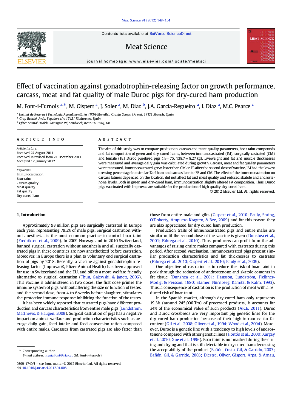 Effect of vaccination against gonadotrophin-releasing factor on growth performance, carcass, meat and fat quality of male Duroc pigs for dry-cured ham production