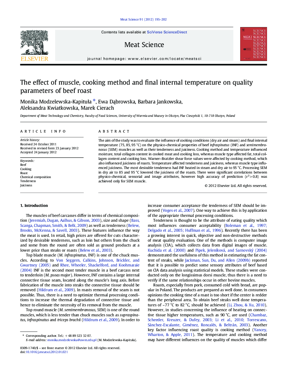 The effect of muscle, cooking method and final internal temperature on quality parameters of beef roast