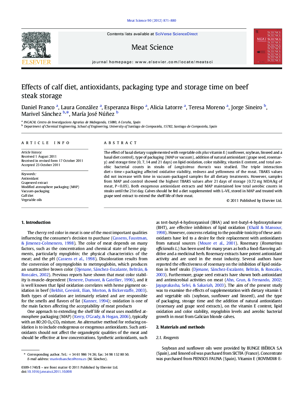 Effects of calf diet, antioxidants, packaging type and storage time on beef steak storage