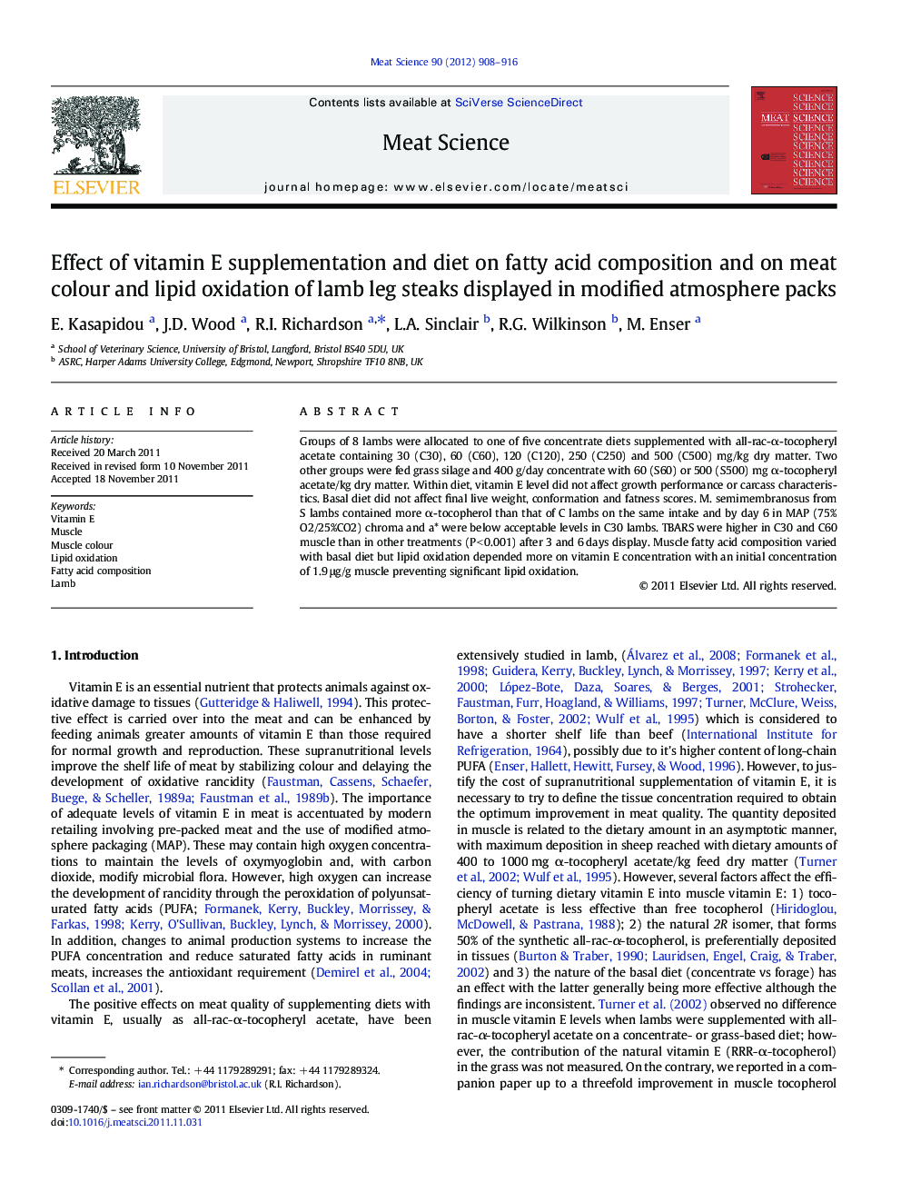 Effect of vitamin E supplementation and diet on fatty acid composition and on meat colour and lipid oxidation of lamb leg steaks displayed in modified atmosphere packs