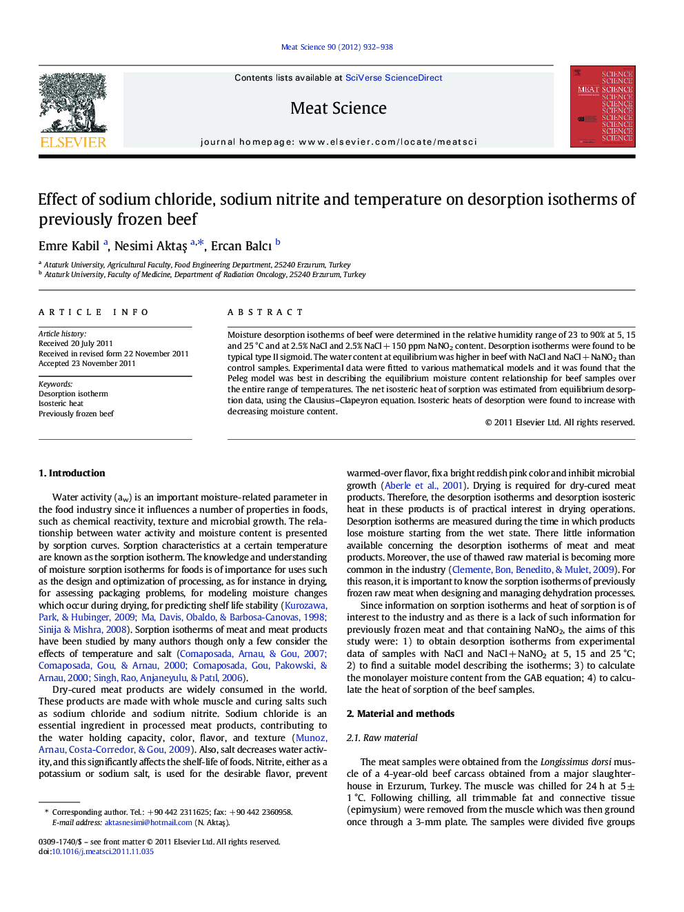 Effect of sodium chloride, sodium nitrite and temperature on desorption isotherms of previously frozen beef