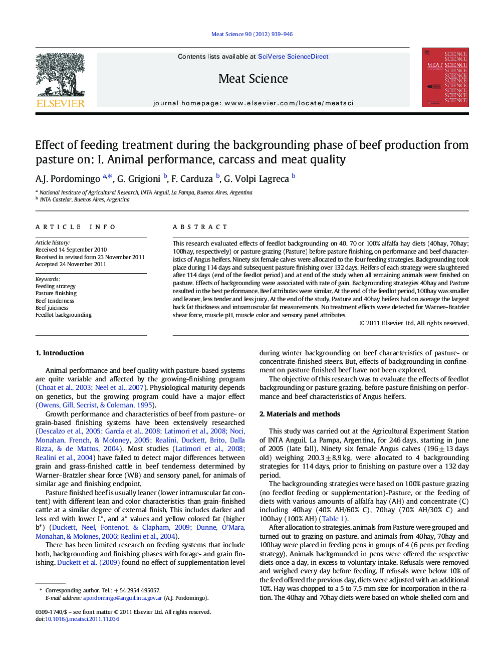 Effect of feeding treatment during the backgrounding phase of beef production from pasture on: I. Animal performance, carcass and meat quality