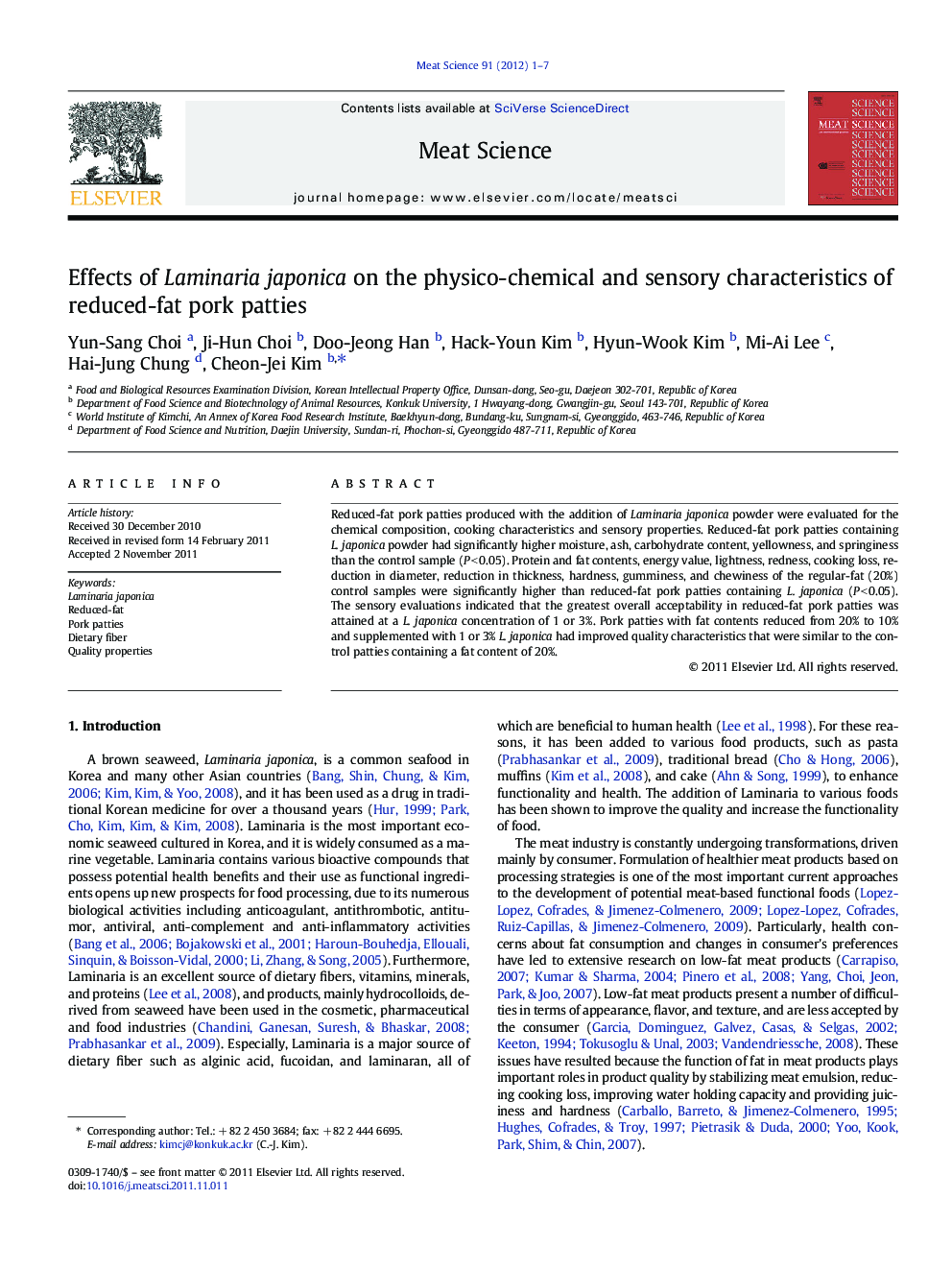 Effects of Laminaria japonica on the physico-chemical and sensory characteristics of reduced-fat pork patties