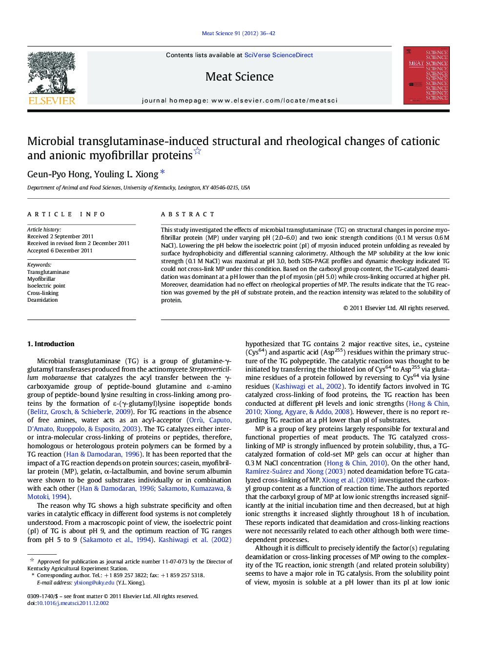 Microbial transglutaminase-induced structural and rheological changes of cationic and anionic myofibrillar proteins 