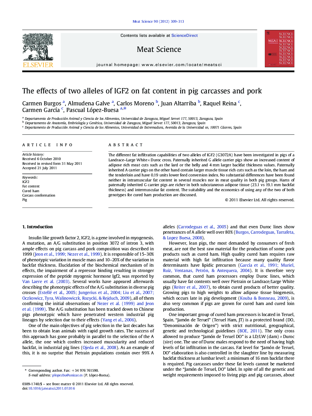 The effects of two alleles of IGF2 on fat content in pig carcasses and pork