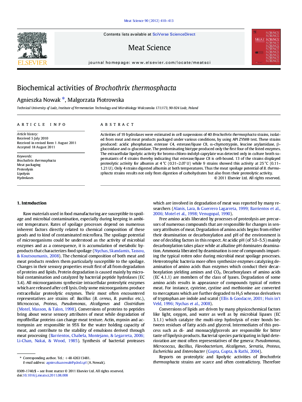Biochemical activities of Brochothrix thermosphacta