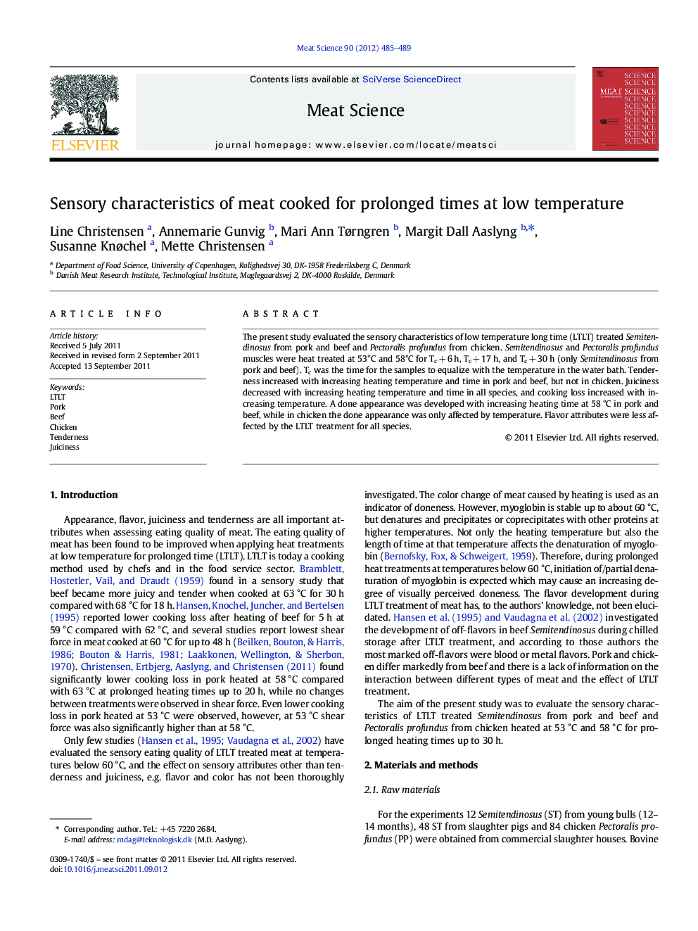 Sensory characteristics of meat cooked for prolonged times at low temperature