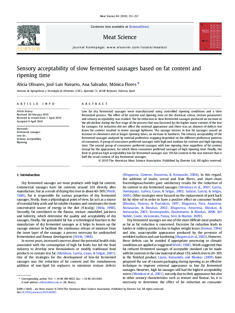 Sensory acceptability of slow fermented sausages based on fat content and ripening time