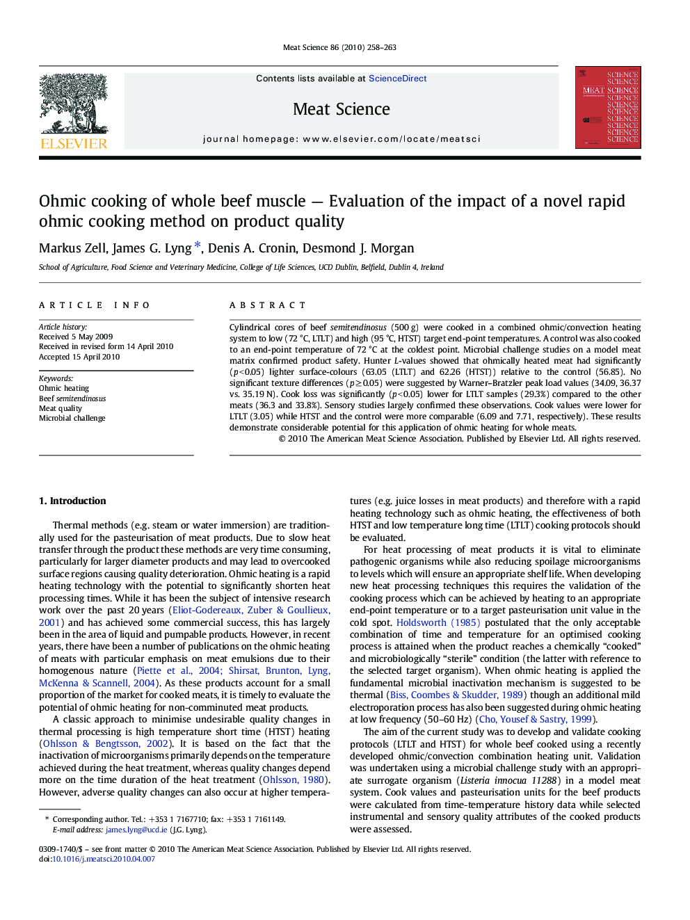 Ohmic cooking of whole beef muscle — Evaluation of the impact of a novel rapid ohmic cooking method on product quality