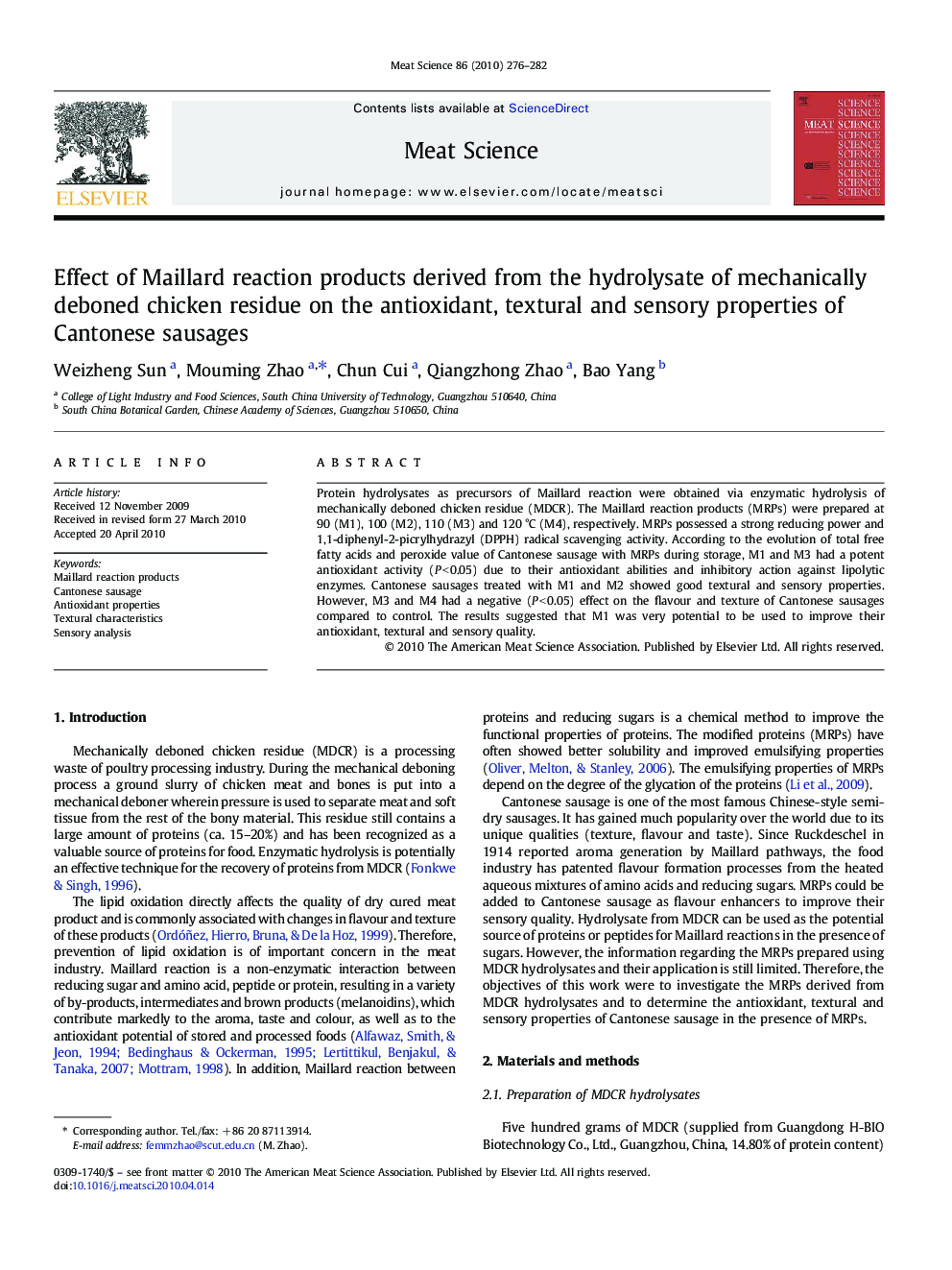 Effect of Maillard reaction products derived from the hydrolysate of mechanically deboned chicken residue on the antioxidant, textural and sensory properties of Cantonese sausages