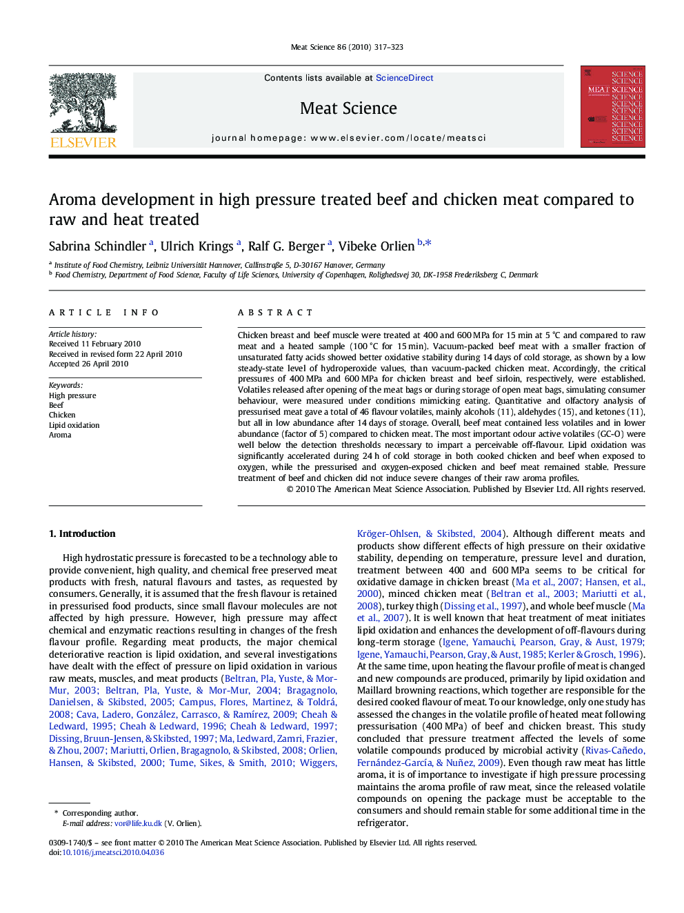 Aroma development in high pressure treated beef and chicken meat compared to raw and heat treated