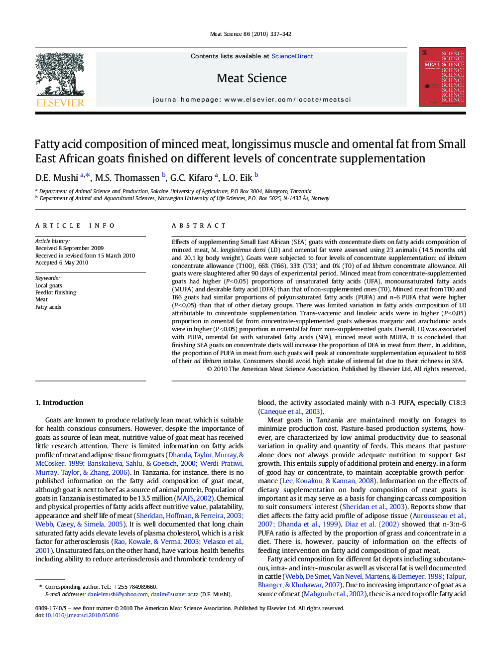 Fatty acid composition of minced meat, longissimus muscle and omental fat from Small East African goats finished on different levels of concentrate supplementation