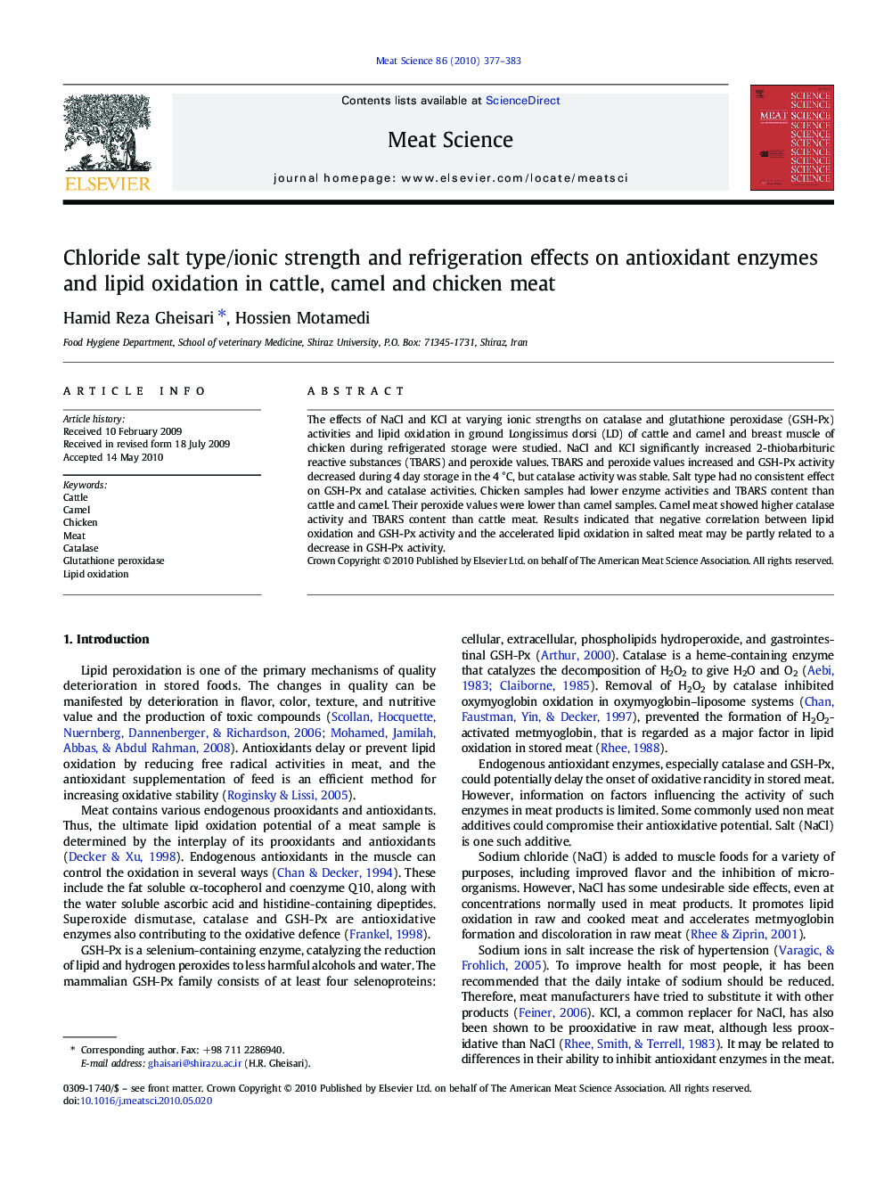 Chloride salt type/ionic strength and refrigeration effects on antioxidant enzymes and lipid oxidation in cattle, camel and chicken meat