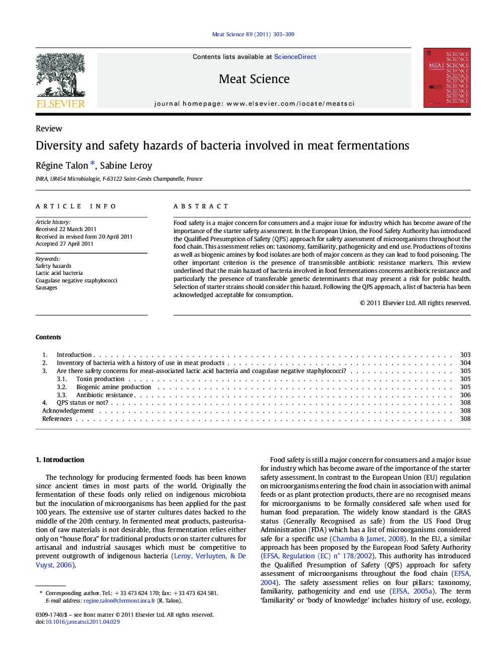 Diversity and safety hazards of bacteria involved in meat fermentations