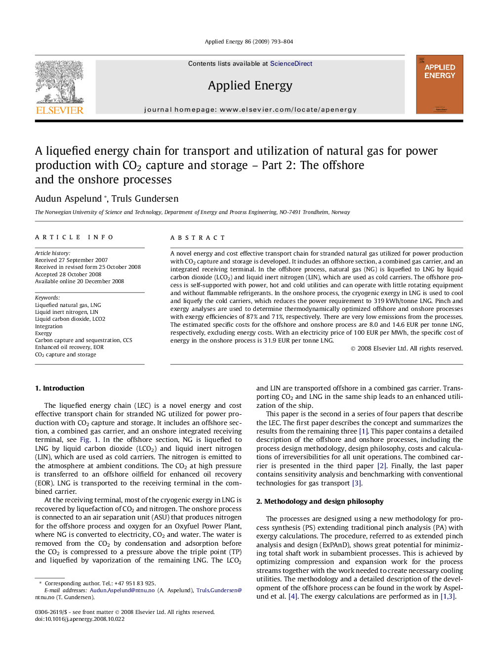 A liquefied energy chain for transport and utilization of natural gas for power production with CO2 capture and storage – Part 2: The offshore and the onshore processes