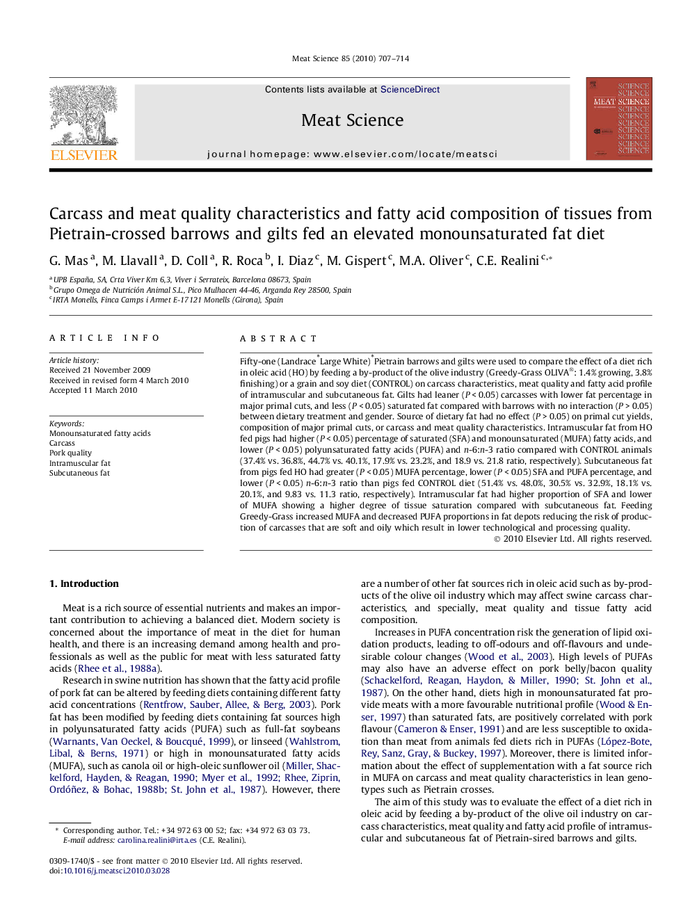 Carcass and meat quality characteristics and fatty acid composition of tissues from Pietrain-crossed barrows and gilts fed an elevated monounsaturated fat diet