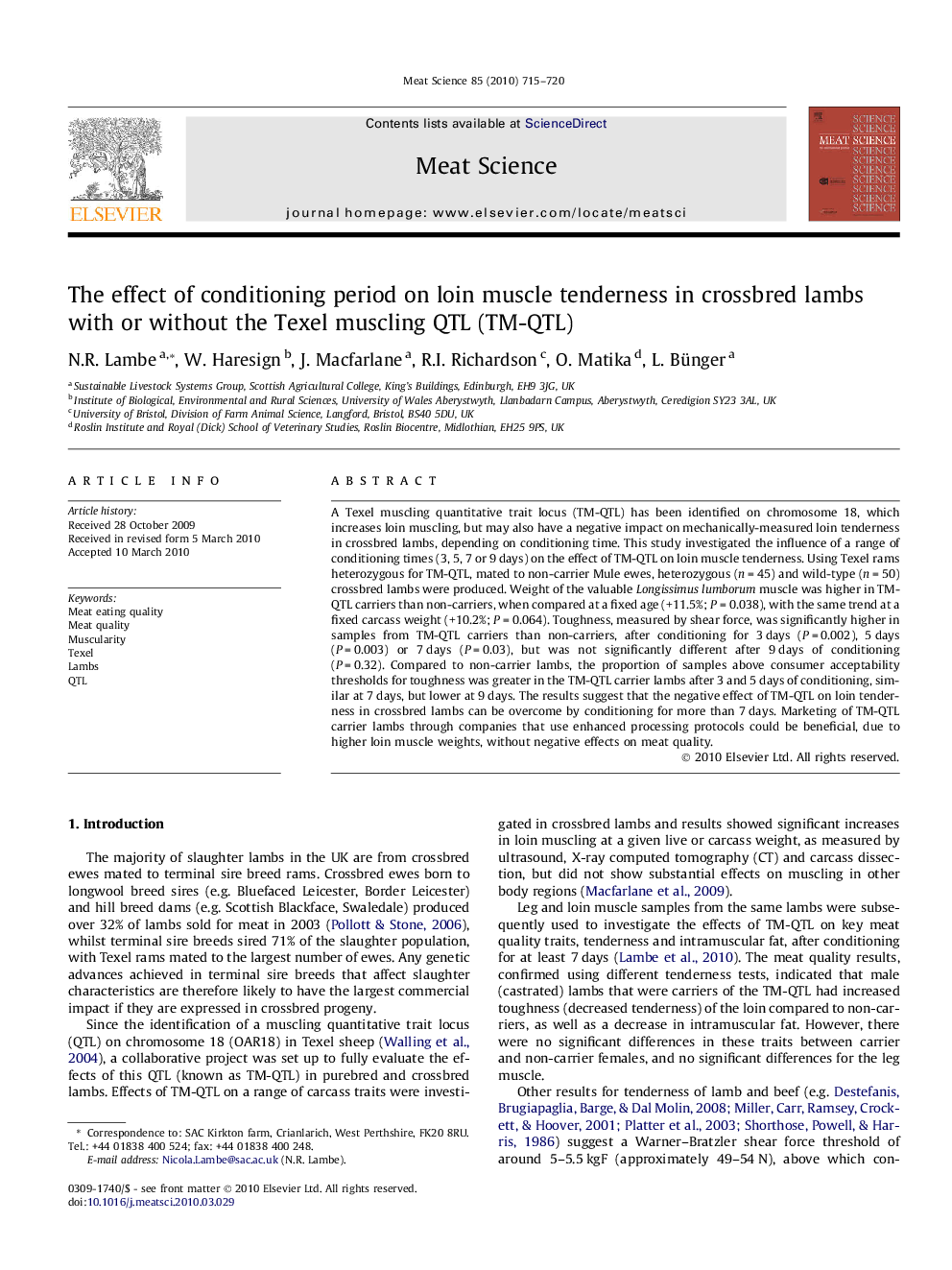 The effect of conditioning period on loin muscle tenderness in crossbred lambs with or without the Texel muscling QTL (TM-QTL)