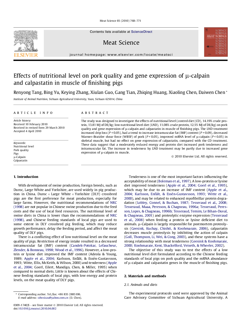 Effects of nutritional level on pork quality and gene expression of μ-calpain and calpastatin in muscle of finishing pigs