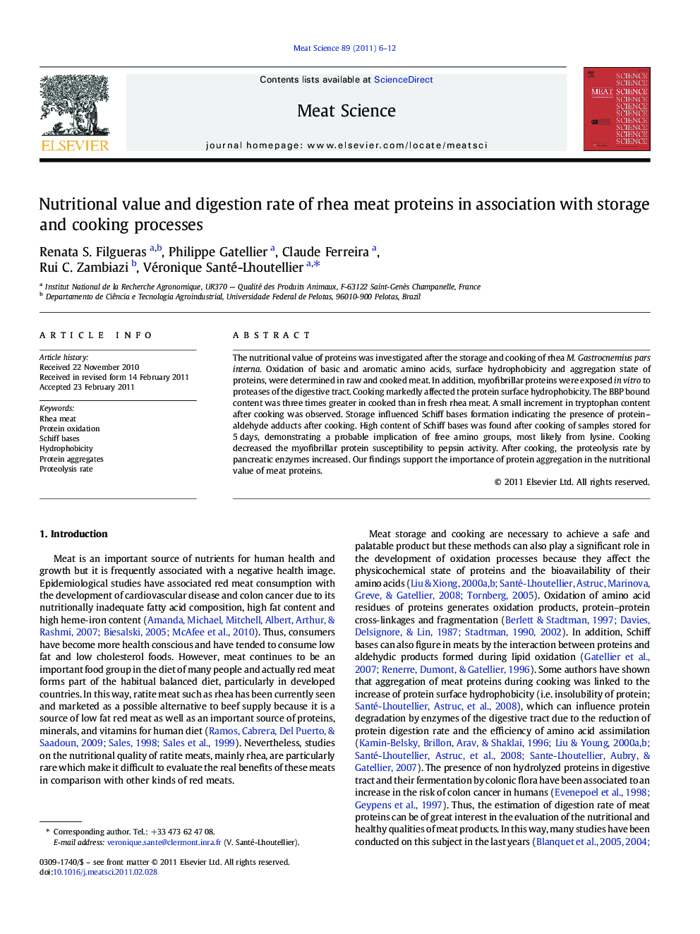 Nutritional value and digestion rate of rhea meat proteins in association with storage and cooking processes