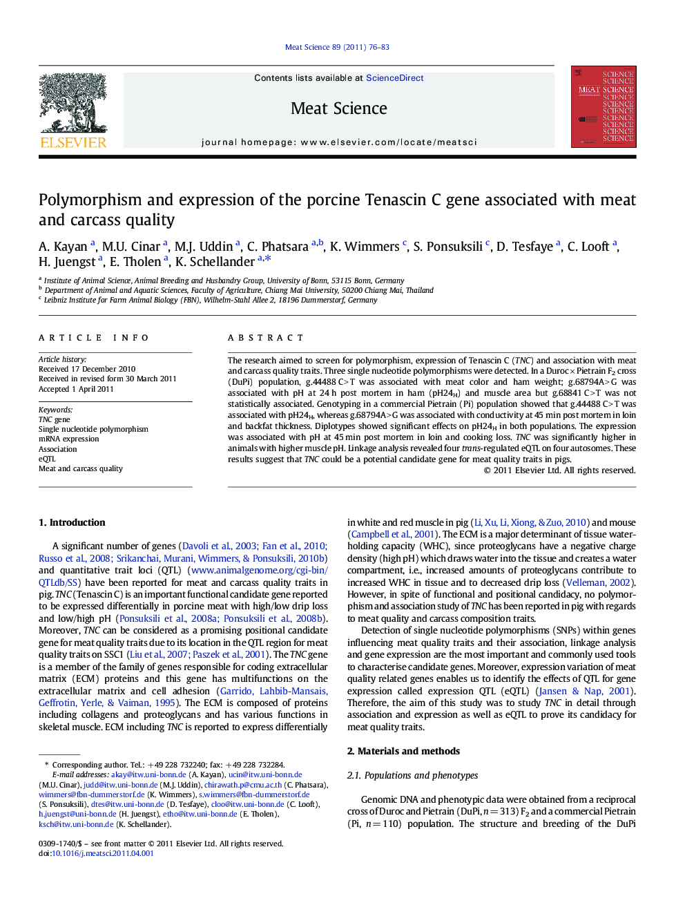 Polymorphism and expression of the porcine Tenascin C gene associated with meat and carcass quality