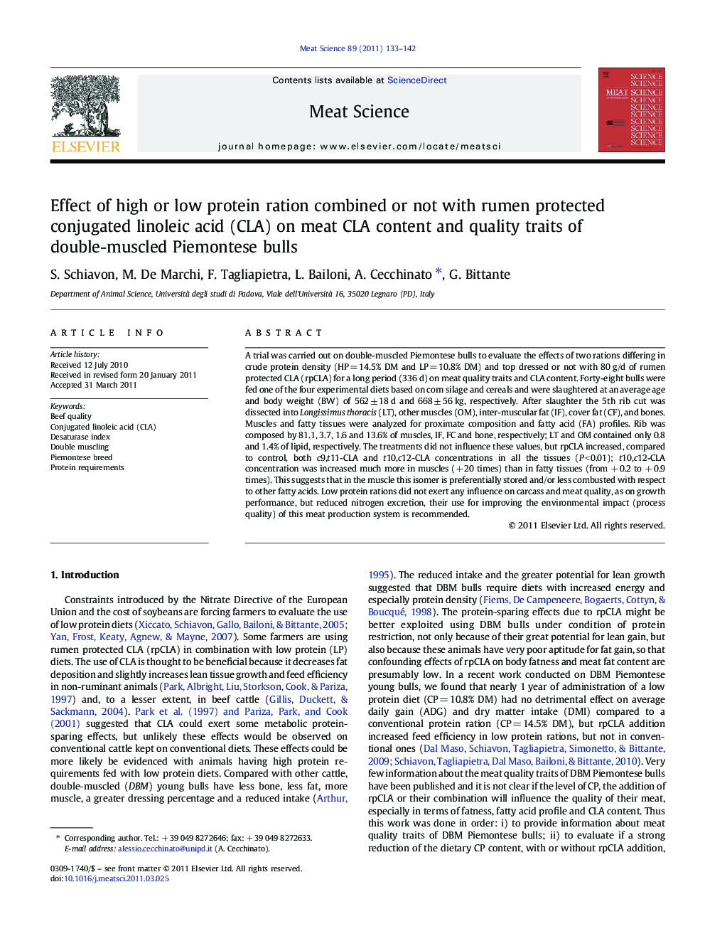 Effect of high or low protein ration combined or not with rumen protected conjugated linoleic acid (CLA) on meat CLA content and quality traits of double-muscled Piemontese bulls