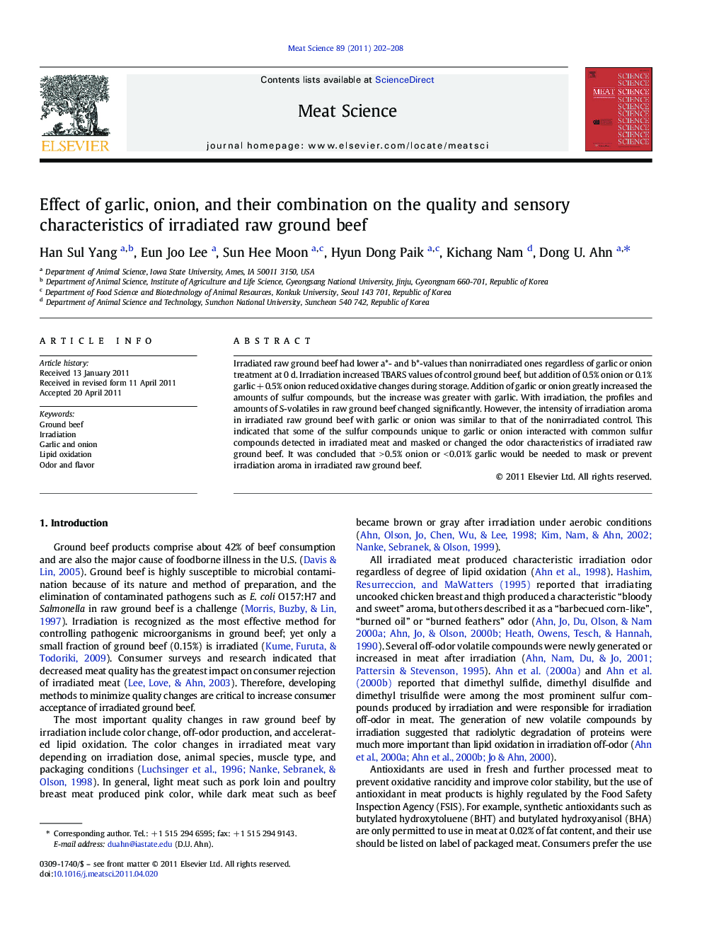 Effect of garlic, onion, and their combination on the quality and sensory characteristics of irradiated raw ground beef