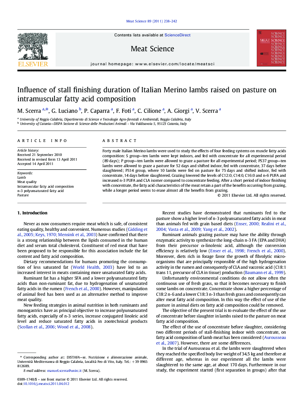 Influence of stall finishing duration of Italian Merino lambs raised on pasture on intramuscular fatty acid composition