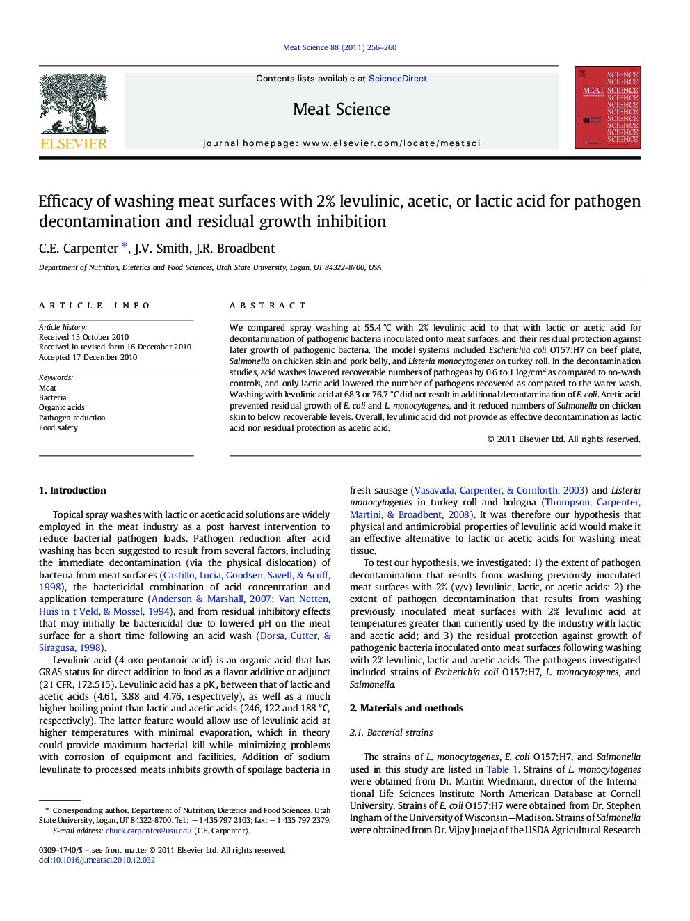 Efficacy of washing meat surfaces with 2% levulinic, acetic, or lactic acid for pathogen decontamination and residual growth inhibition