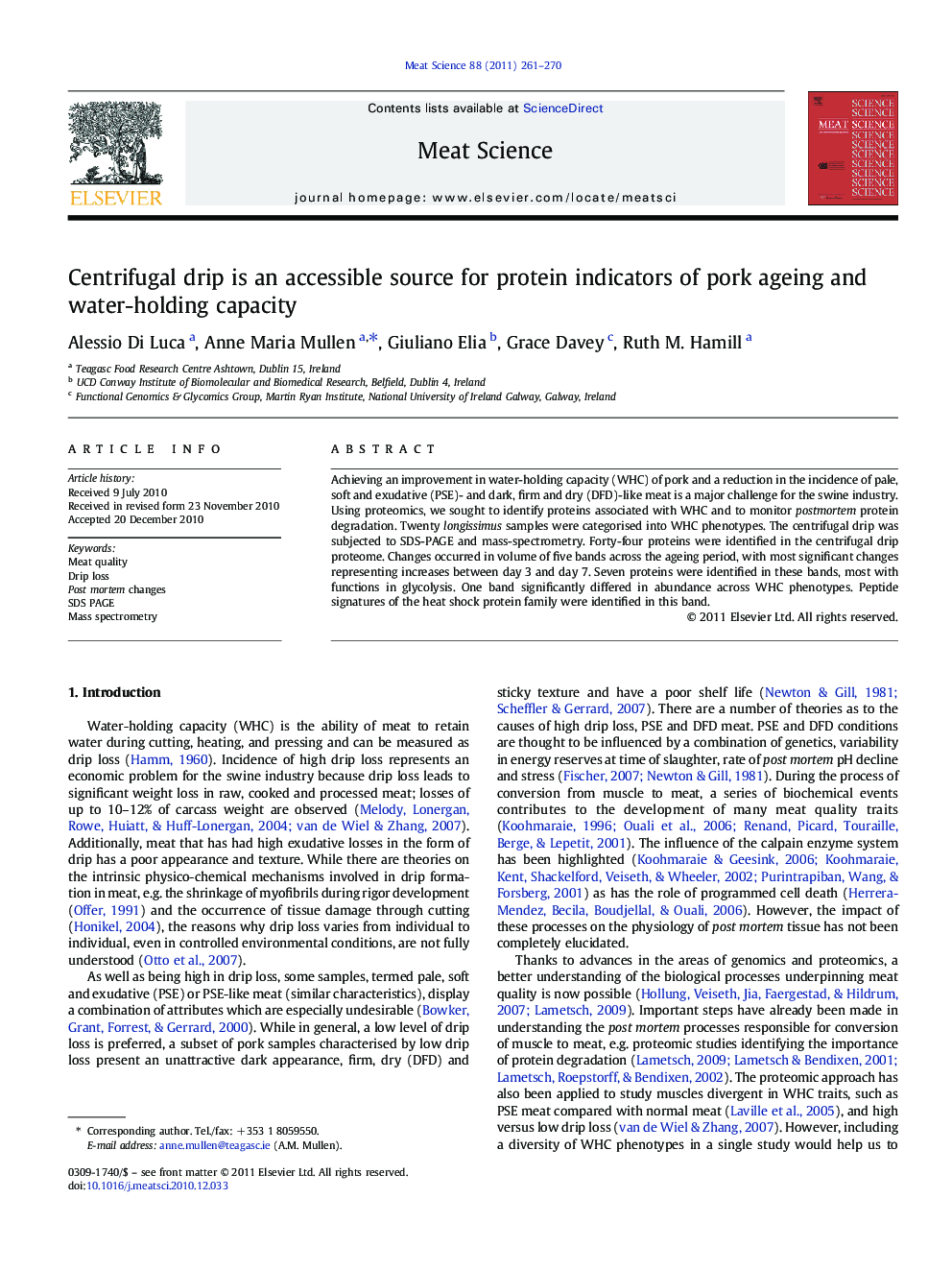 Centrifugal drip is an accessible source for protein indicators of pork ageing and water-holding capacity