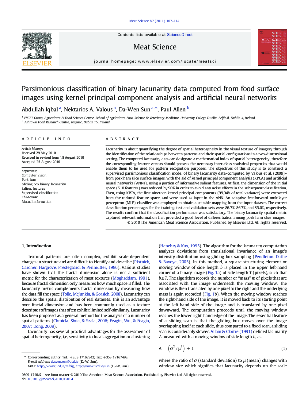 Parsimonious classification of binary lacunarity data computed from food surface images using kernel principal component analysis and artificial neural networks