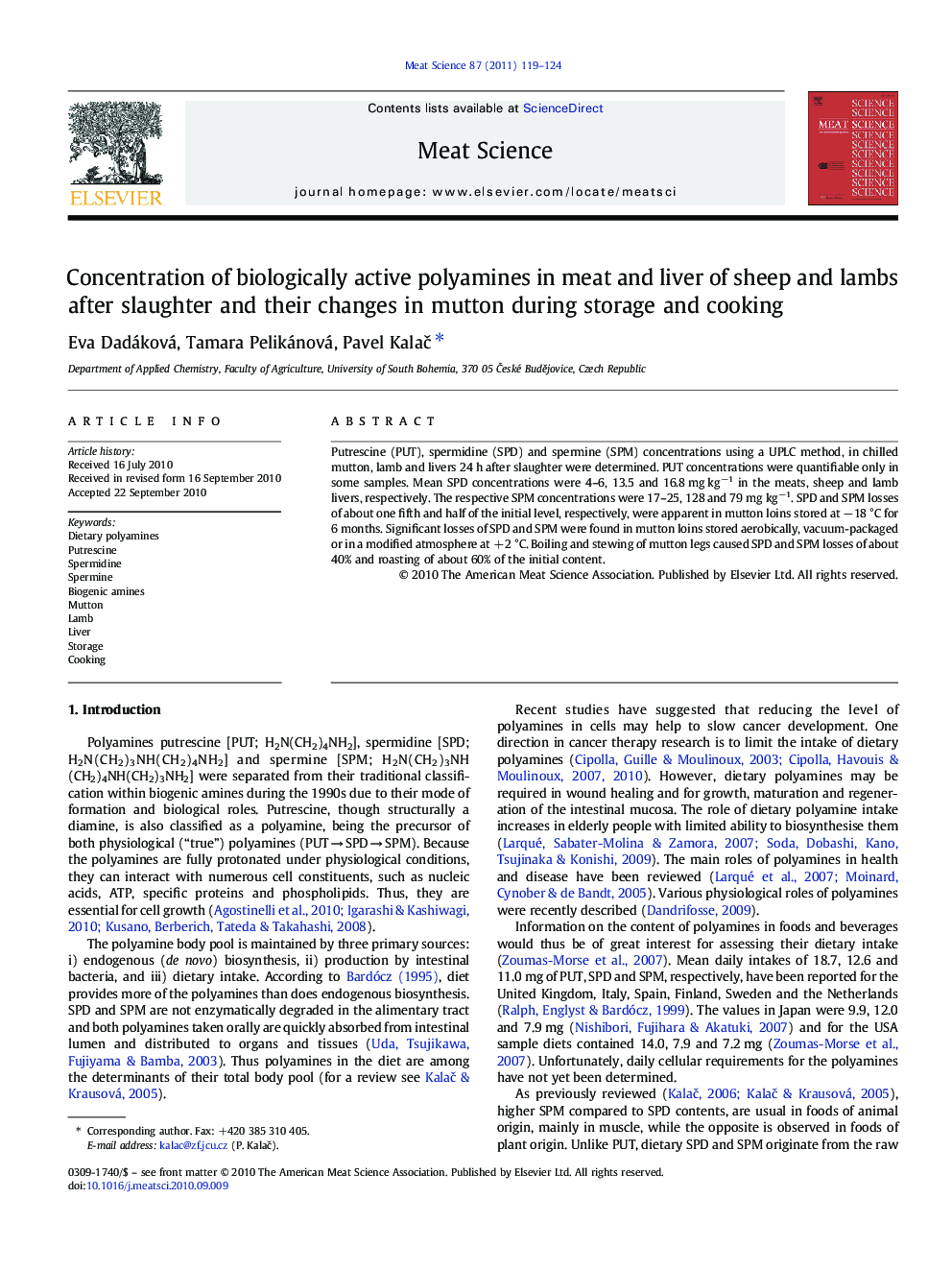 Concentration of biologically active polyamines in meat and liver of sheep and lambs after slaughter and their changes in mutton during storage and cooking