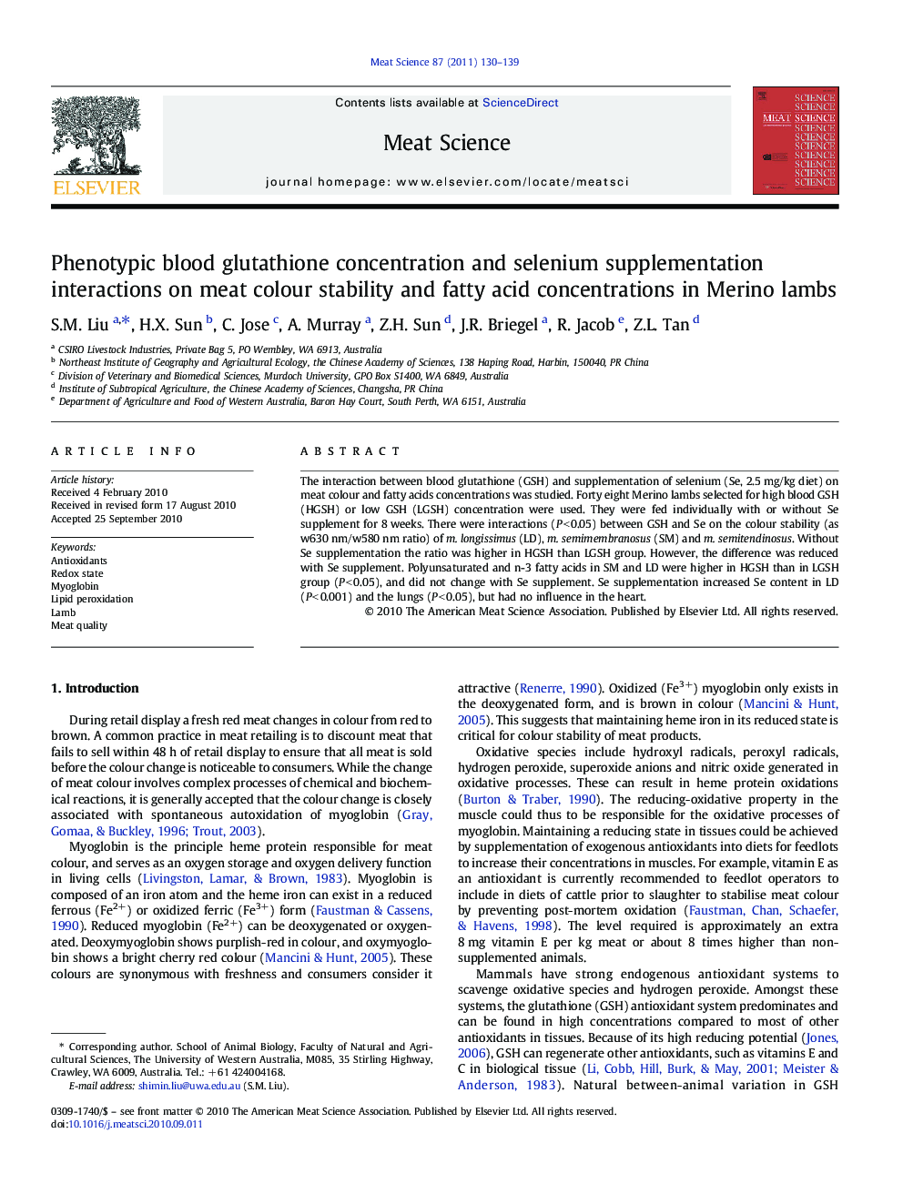 Phenotypic blood glutathione concentration and selenium supplementation interactions on meat colour stability and fatty acid concentrations in Merino lambs