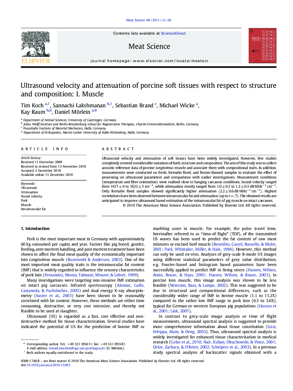 Ultrasound velocity and attenuation of porcine soft tissues with respect to structure and composition: I. Muscle