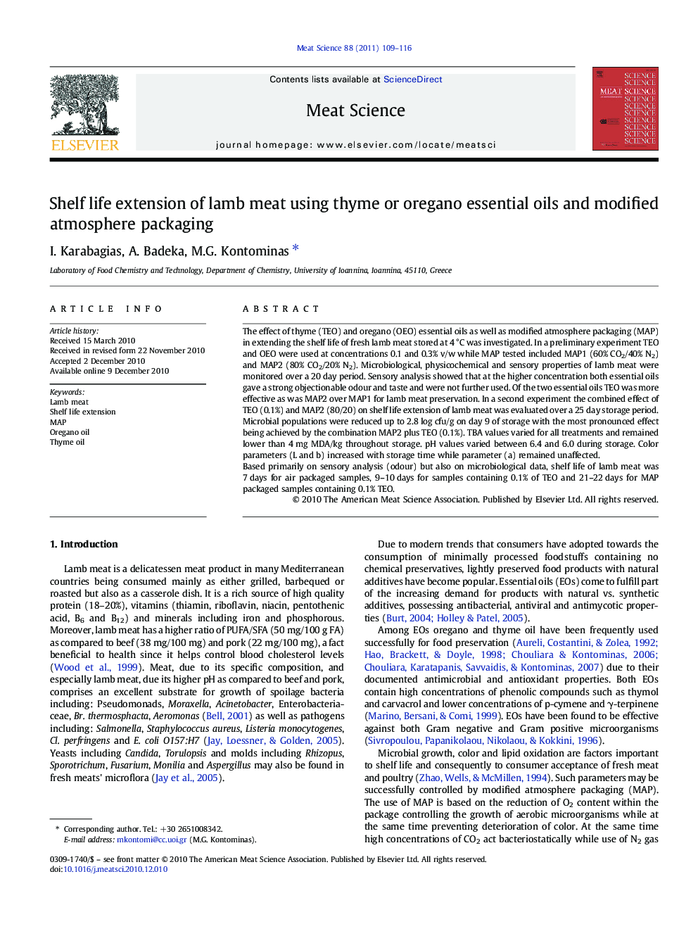 Shelf life extension of lamb meat using thyme or oregano essential oils and modified atmosphere packaging