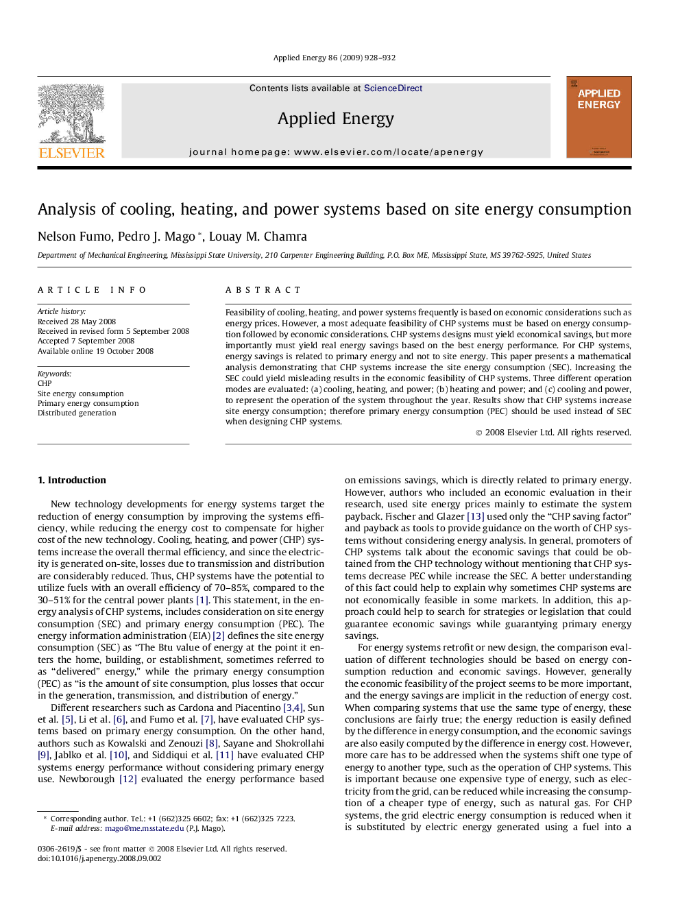 Analysis of cooling, heating, and power systems based on site energy consumption