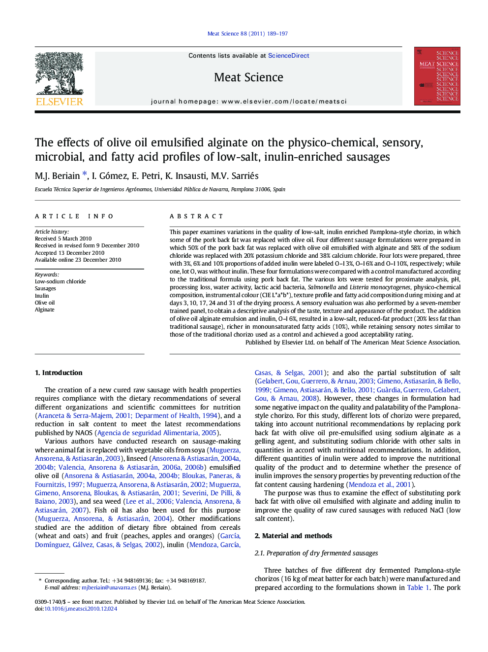 The effects of olive oil emulsified alginate on the physico-chemical, sensory, microbial, and fatty acid profiles of low-salt, inulin-enriched sausages