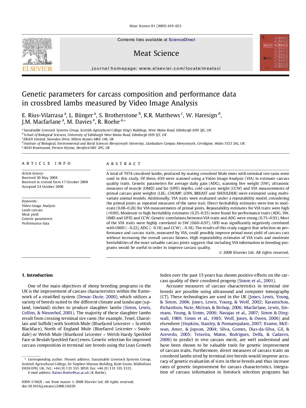 Genetic parameters for carcass composition and performance data in crossbred lambs measured by Video Image Analysis