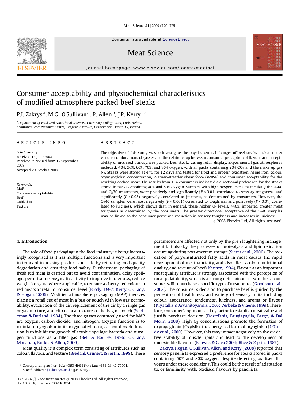 Consumer acceptability and physiochemical characteristics of modified atmosphere packed beef steaks