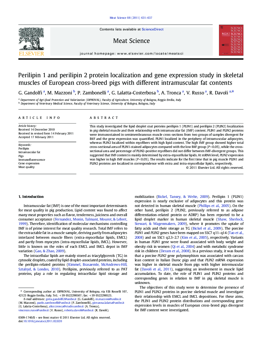 Perilipin 1 and perilipin 2 protein localization and gene expression study in skeletal muscles of European cross-breed pigs with different intramuscular fat contents