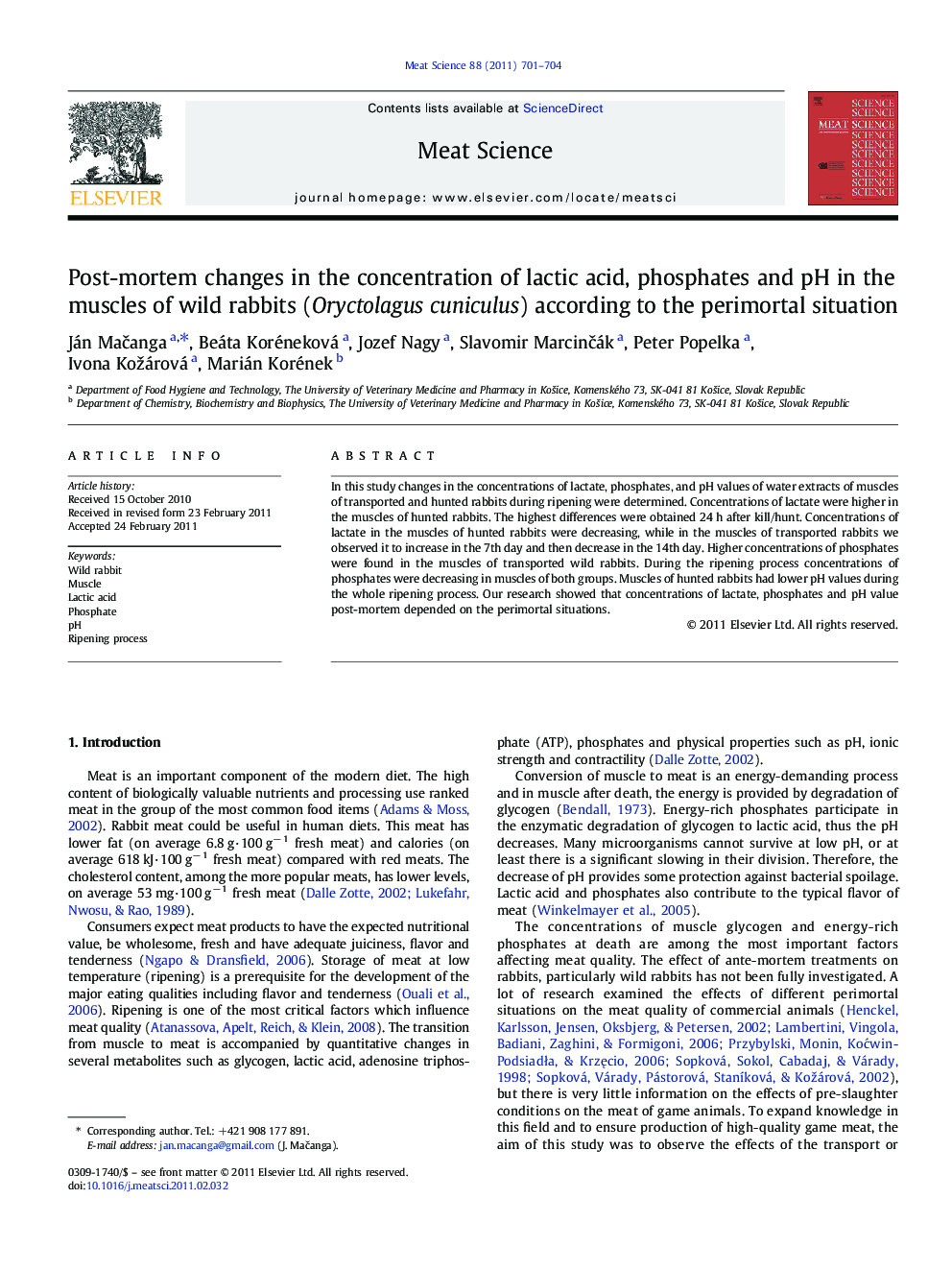 Post-mortem changes in the concentration of lactic acid, phosphates and pH in the muscles of wild rabbits (Oryctolagus cuniculus) according to the perimortal situation