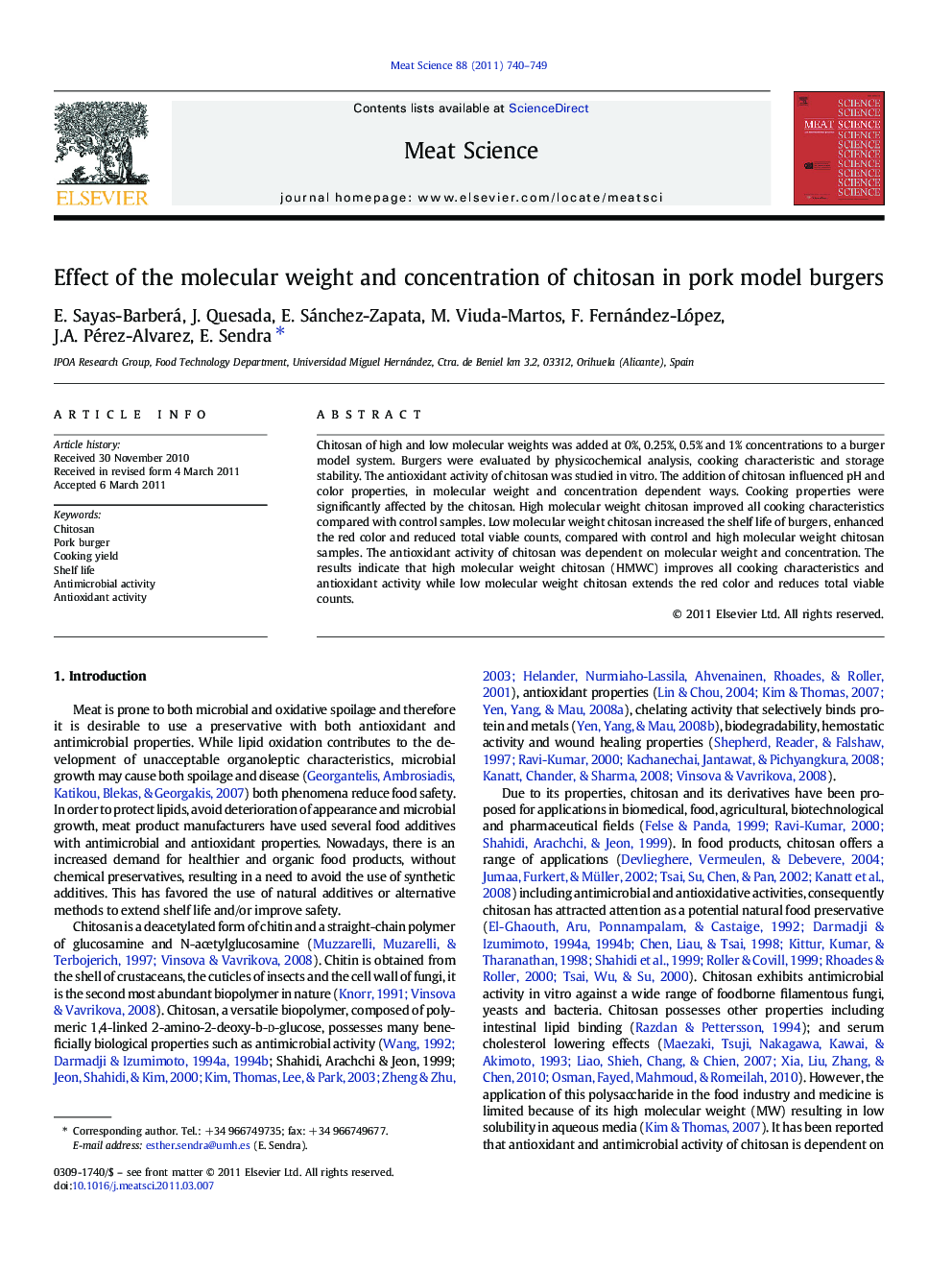 Effect of the molecular weight and concentration of chitosan in pork model burgers