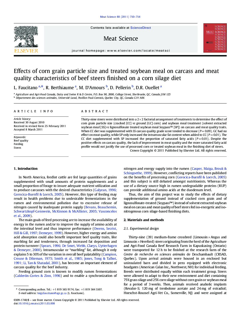 Effects of corn grain particle size and treated soybean meal on carcass and meat quality characteristics of beef steers finished on a corn silage diet