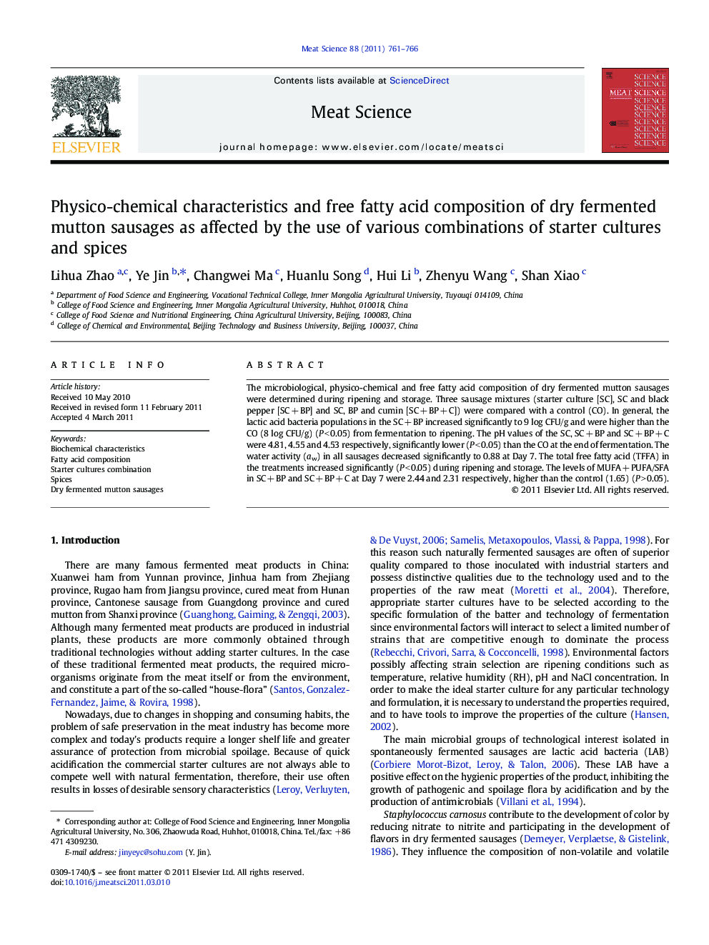 Physico-chemical characteristics and free fatty acid composition of dry fermented mutton sausages as affected by the use of various combinations of starter cultures and spices