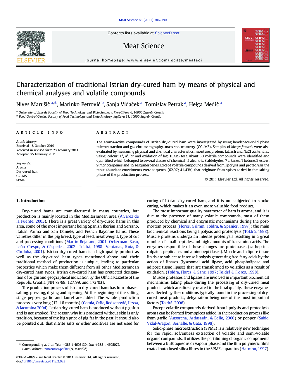 Characterization of traditional Istrian dry-cured ham by means of physical and chemical analyses and volatile compounds