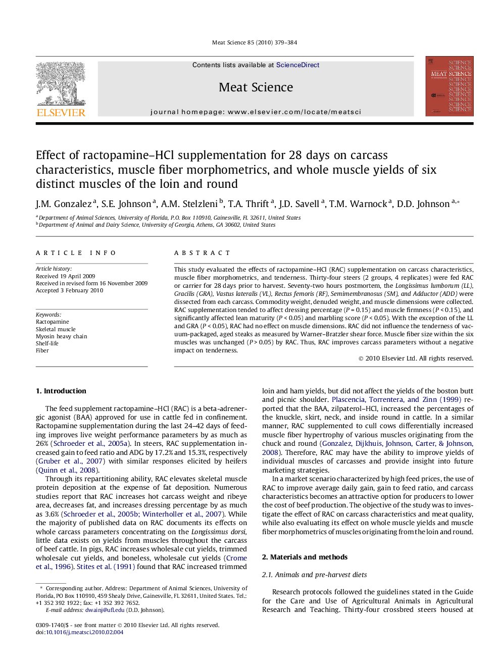 Effect of ractopamine–HCl supplementation for 28 days on carcass characteristics, muscle fiber morphometrics, and whole muscle yields of six distinct muscles of the loin and round